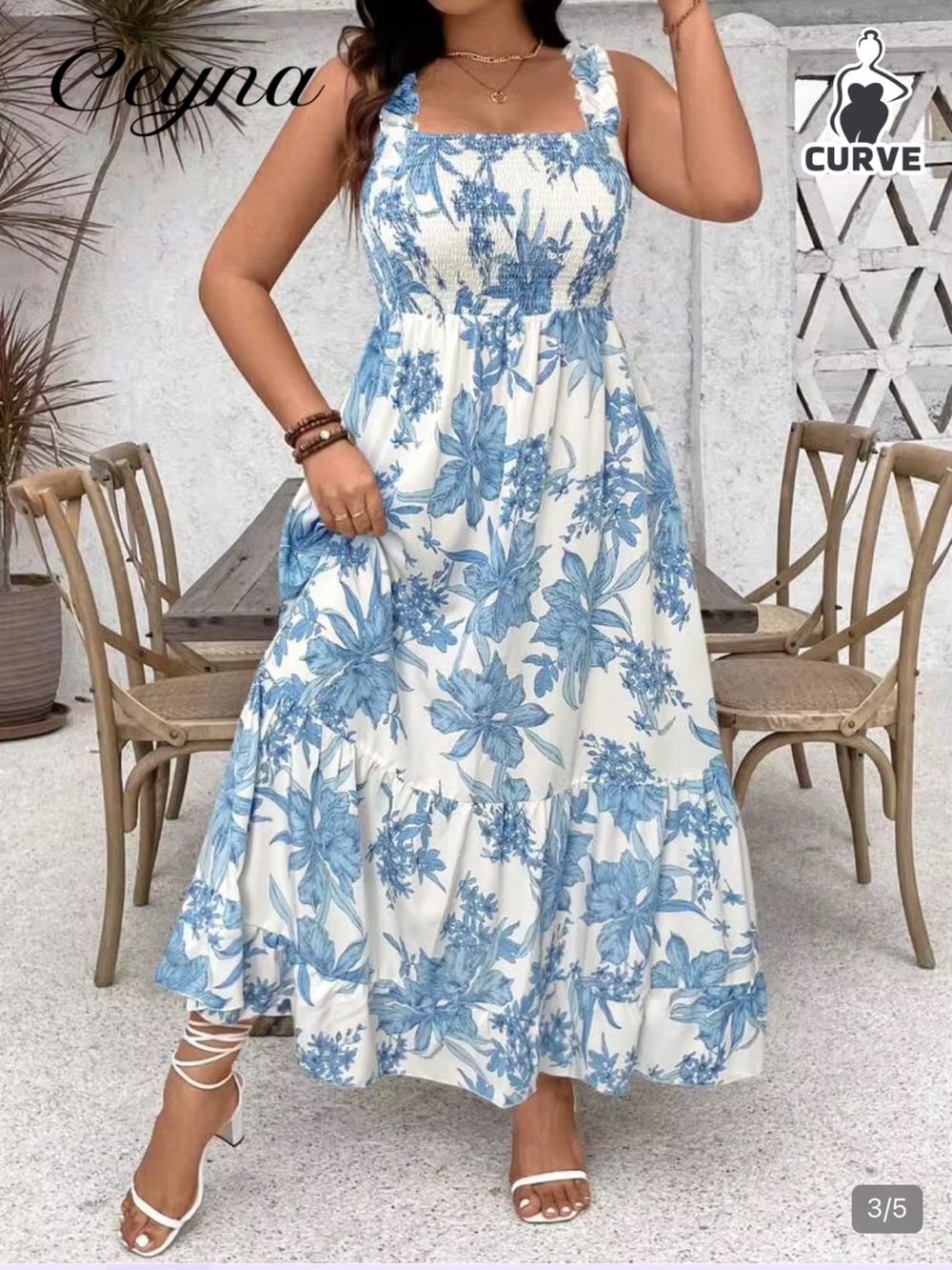 SHEIN White Maxi Dress with Blue Floral Print